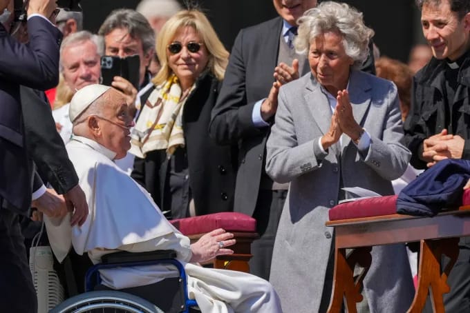Pope Francis is cheered at by faithful at the end of a mass in St. Peter's Square at The Vatican, on April 6, 2025. Andrew Medichini/AP
