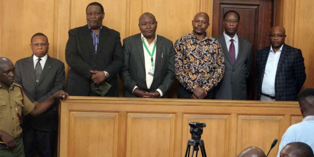KTDA bosses Kennedy Omanga, Francis Macharia, Peter Kinyua, Eston Gakungu, Lerionka Tiampati and Stephen Maina Githiga at the Court of Appeal on April 4, 2019 when they were fined for contempt.