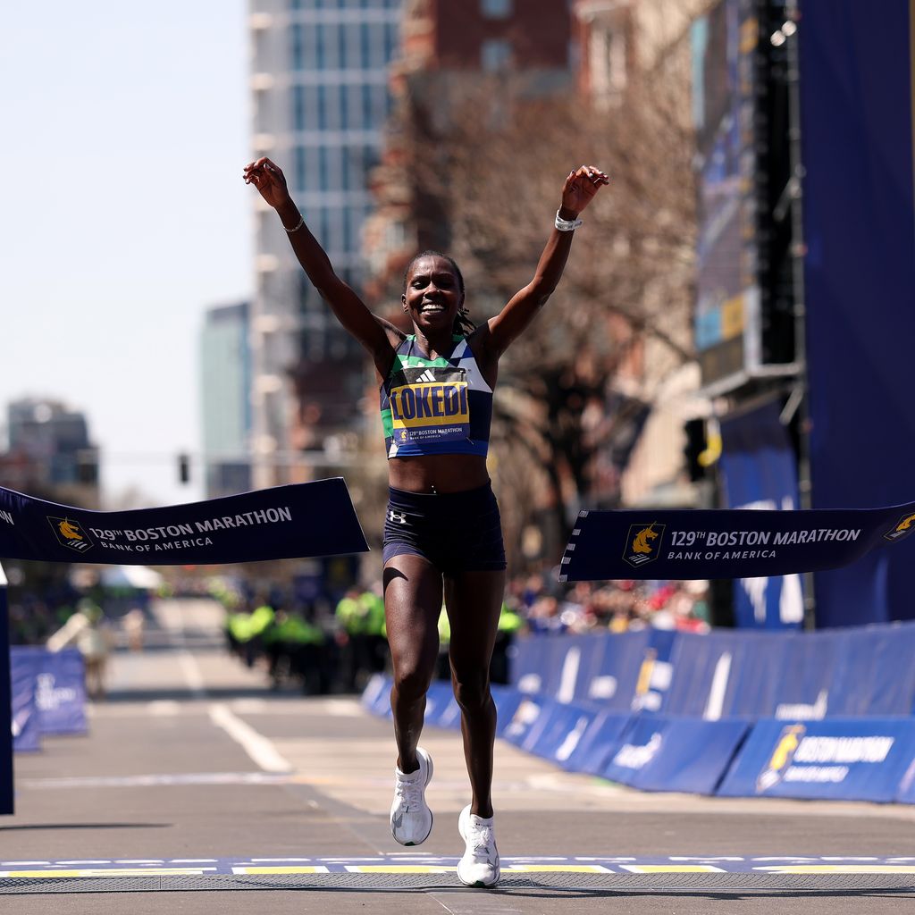 Kenya's Sharon Lokedi crosses the line to win the women's elite race at the 129th Boston Marathon on April 21, 2025.