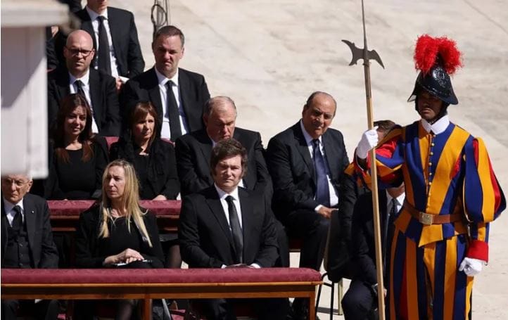 Italian President Sergio Mattarella (left), Argentina's General Secretary of the Presidency Karina Milei (left of centre) and Argentina's President Javier Milei (centre) in their prime seats/Screengrab