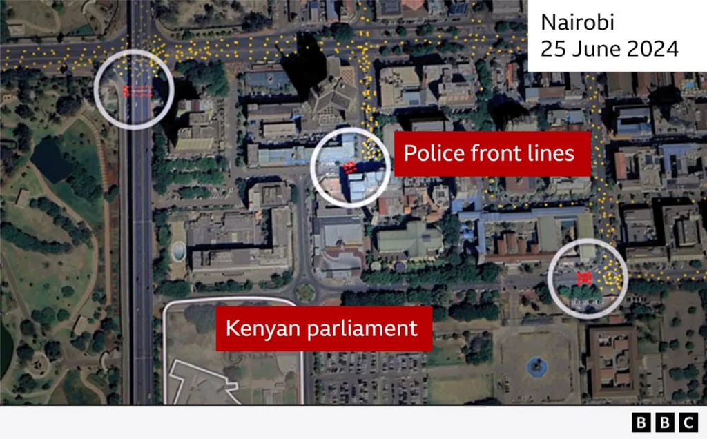 Map showing Kenya's parliament and three circled areas regarded as the police's front lines