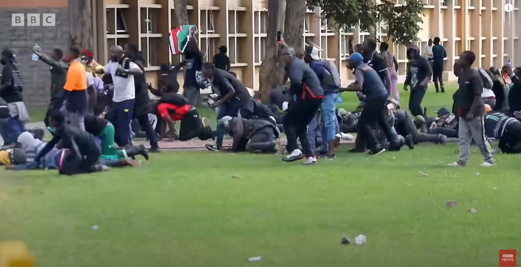 A BBC screengrab showing anti-government protestors accessing Parliament buildings on June 25, 2024.