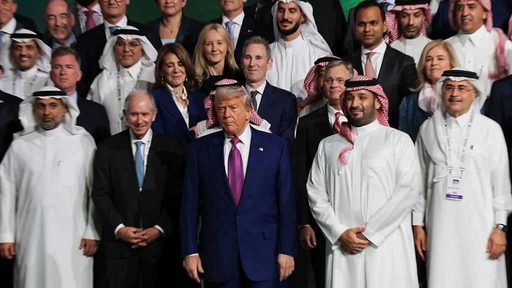 US President Donald Trump and Crown Prince Mohamed Bin Salman photographed with other officials in Riyadh