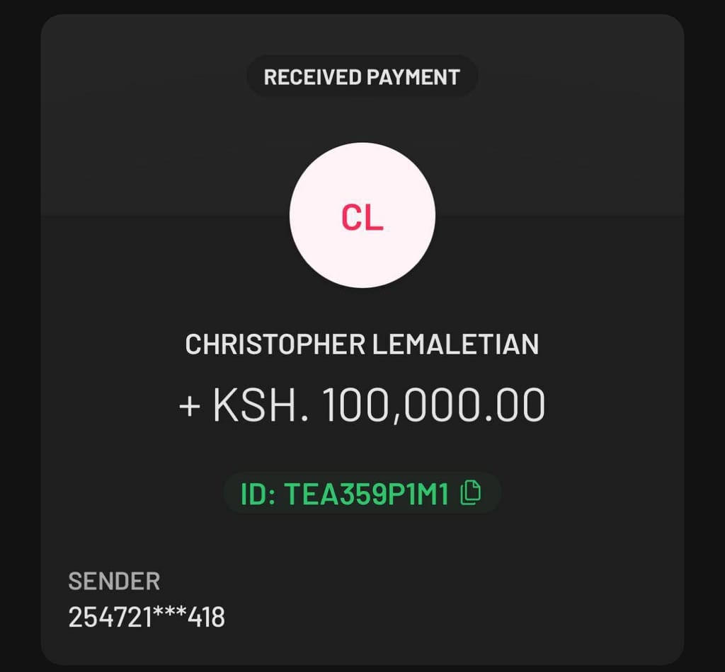 Mpesa message of the alleged bribe price refund of Sh100,000.