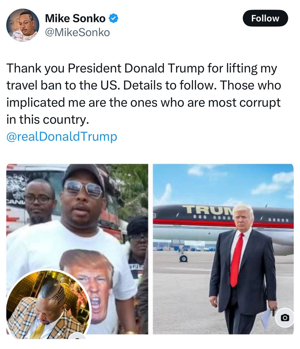 Sonko claims the U.S. president Donald Trump has lifted his travel ban.