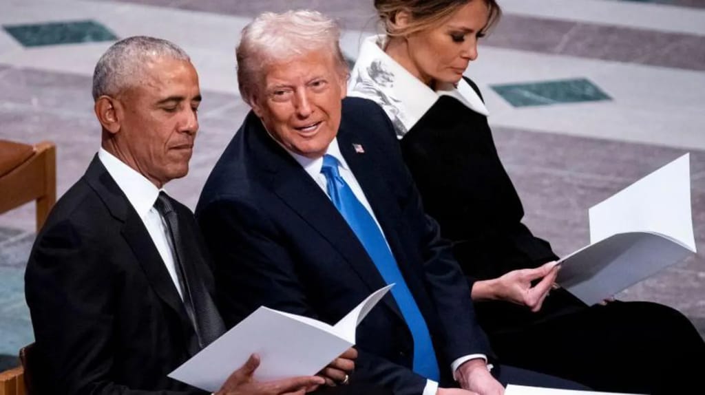 Obama and Trump pictured in January at the funeral of former President Jimmy Carter