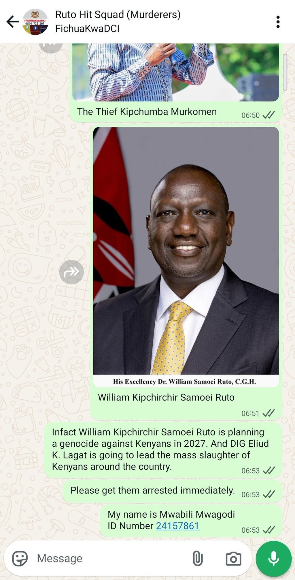 A viral screenshot shows Mwabili criticizing the government in a chat addressed to just unveiled DCI crime reporting WhatsApp platform.