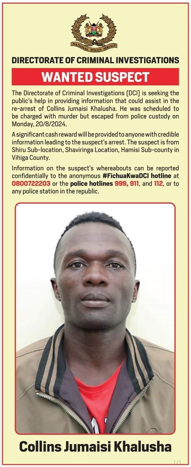 Police have placed a Sh1 million bounty on Collins Jumaisi Khalusha over the Kware Killings.
