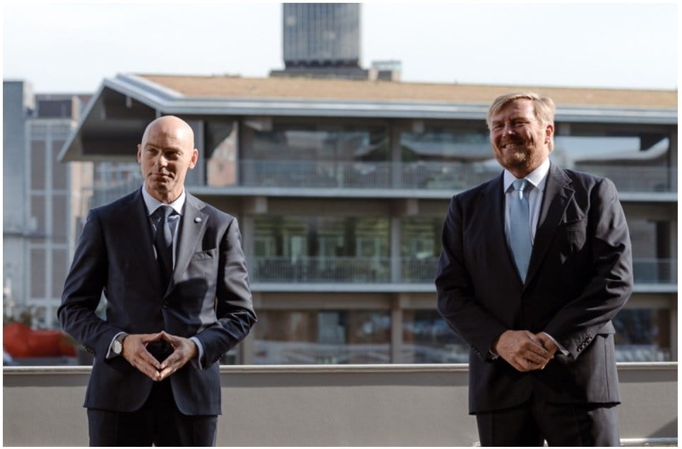 The Centre for Global Adaptation CEO Patrick Verkoojien with the King of Netherlands Willem Alexander at the inauguration of Prof Dr Patrick Verkoojien's Centre for Global Adaptation floating office at Rotterdam in 2021.