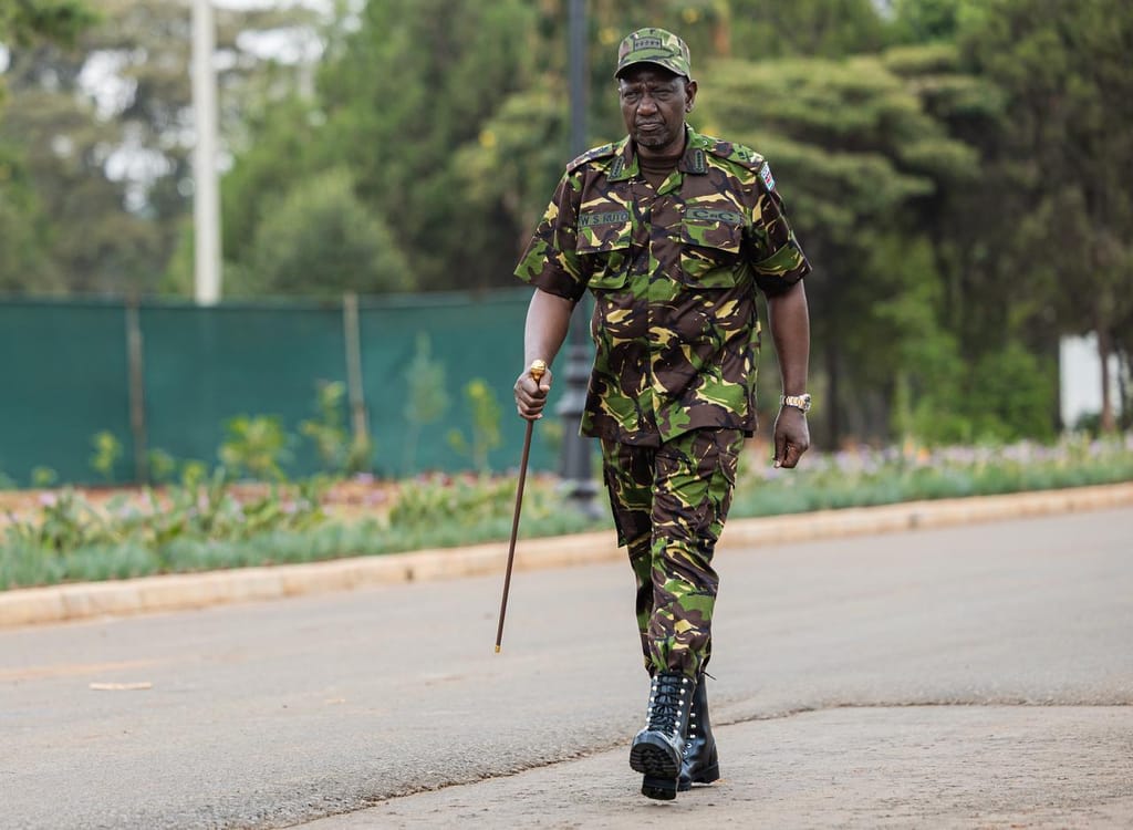 William Ruto, President and Commander-in-Chief of the Kenya Defence Forces, dons the KDF jungle uniform as he presides over KDF Day at Moi Barracks, Eldoret.