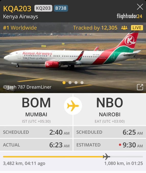 More than 10,000 people are currently tracking Kenya Airways flight KQ302, making it the most followed flight on popular flight tracking app Flightradar24. The plane is carrying the body of Raila Odinga from Mumbai, India, to Nairobi, Kenya.