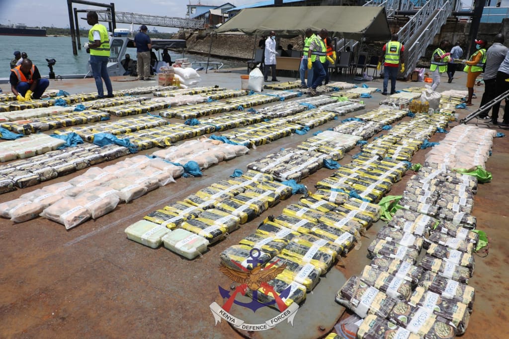 Some of the 1,024 kilogrammes of synthetic drugs seized from six Iranian crew members aboard a vessel. The haul, estimated to be worth Sh8.2 billion, was seized about 650 km off the shore of Mombasa.  