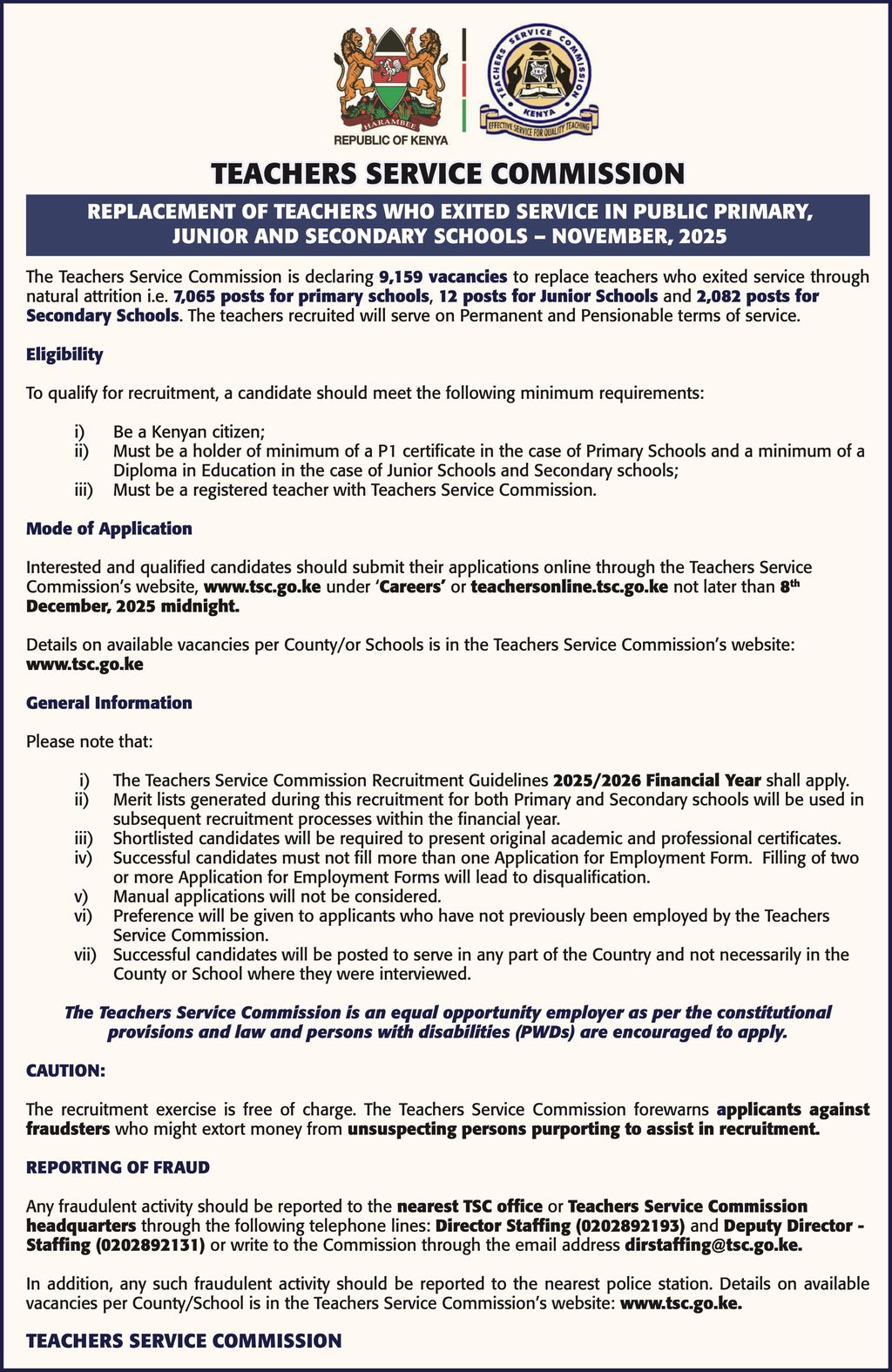 Official TSC recruitment advert