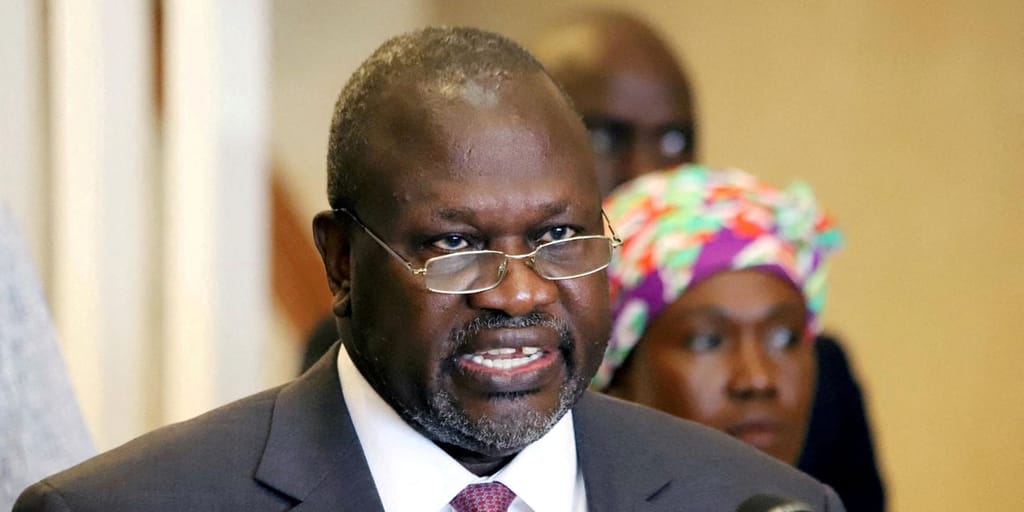South Sudan's Vice President Riek Machar addresses a news conference, as the first case of coronavirus was confirmed in the country, in Juba, South Sudan April 5, 2020. Photo credit: Reuters