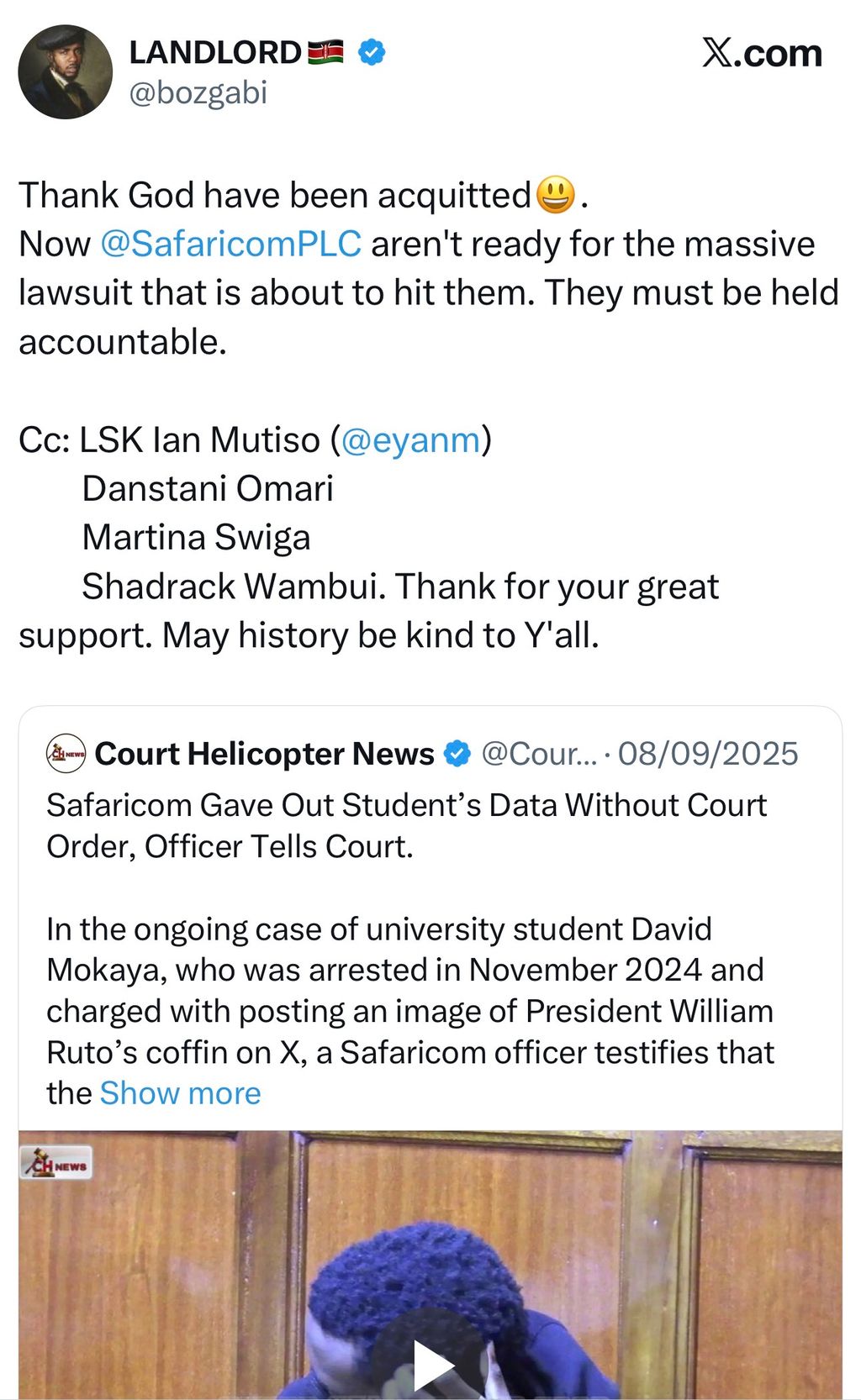 Mokaya’s tweet he made after being freed by the court.