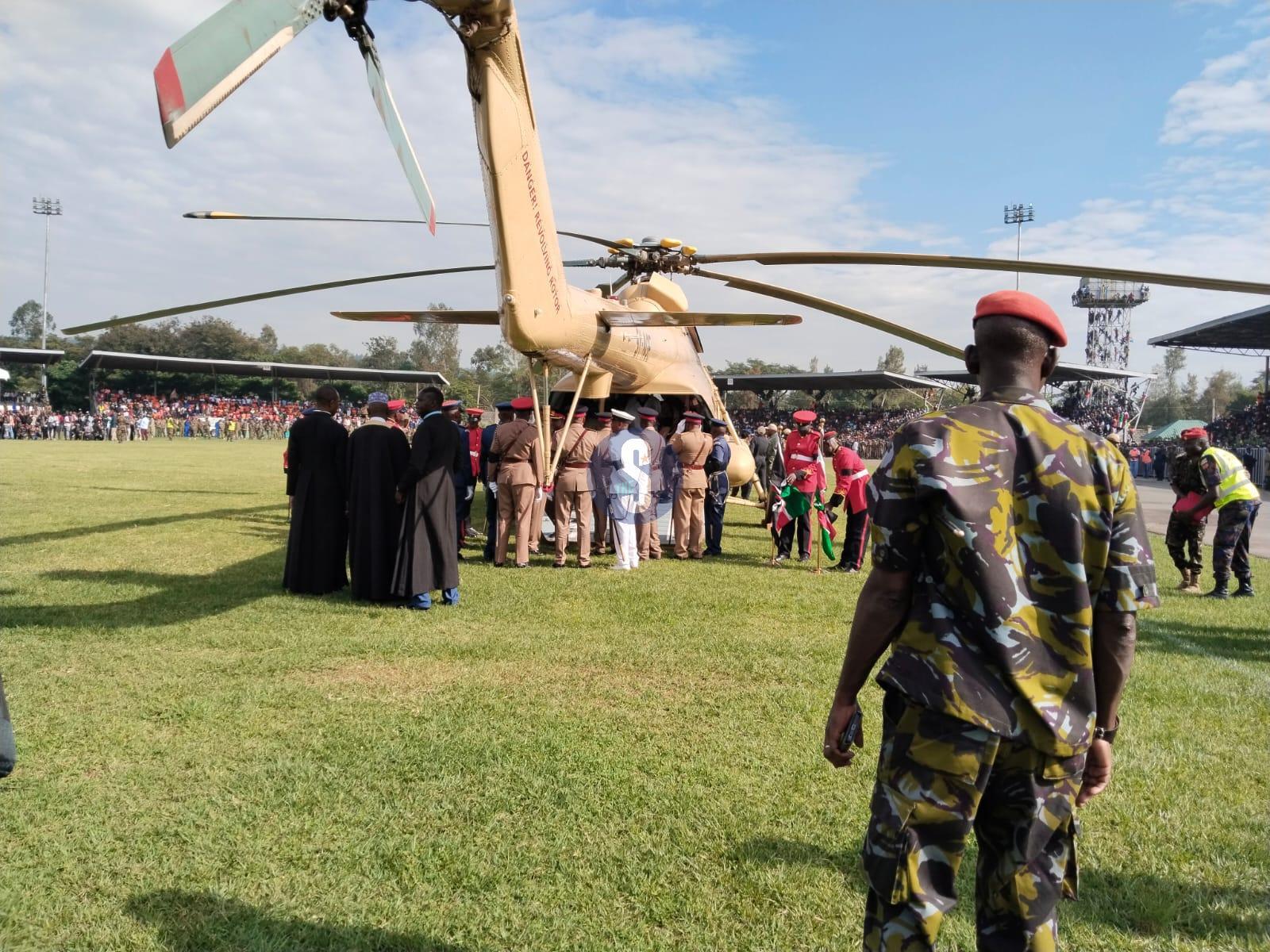 Raila Odinga’s Body Airlifted to Mamboleo Grounds in NIS Chopper for Public Viewing