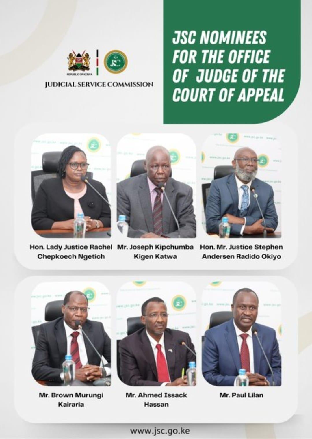 Katwa Kigen, IPOA Chair Issack Hassan Among 15 Nominated For Court Of Appeal Judges