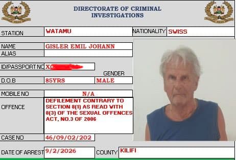 85-Year-Old Swiss National Arrested in Watamu Over Alleged Defilement of 15-Year-Old Girl